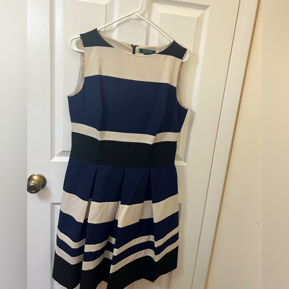 Ralph Lauren Sleeveless Cream, Navy & Black Horizontal Striped A-Line Midi Dress